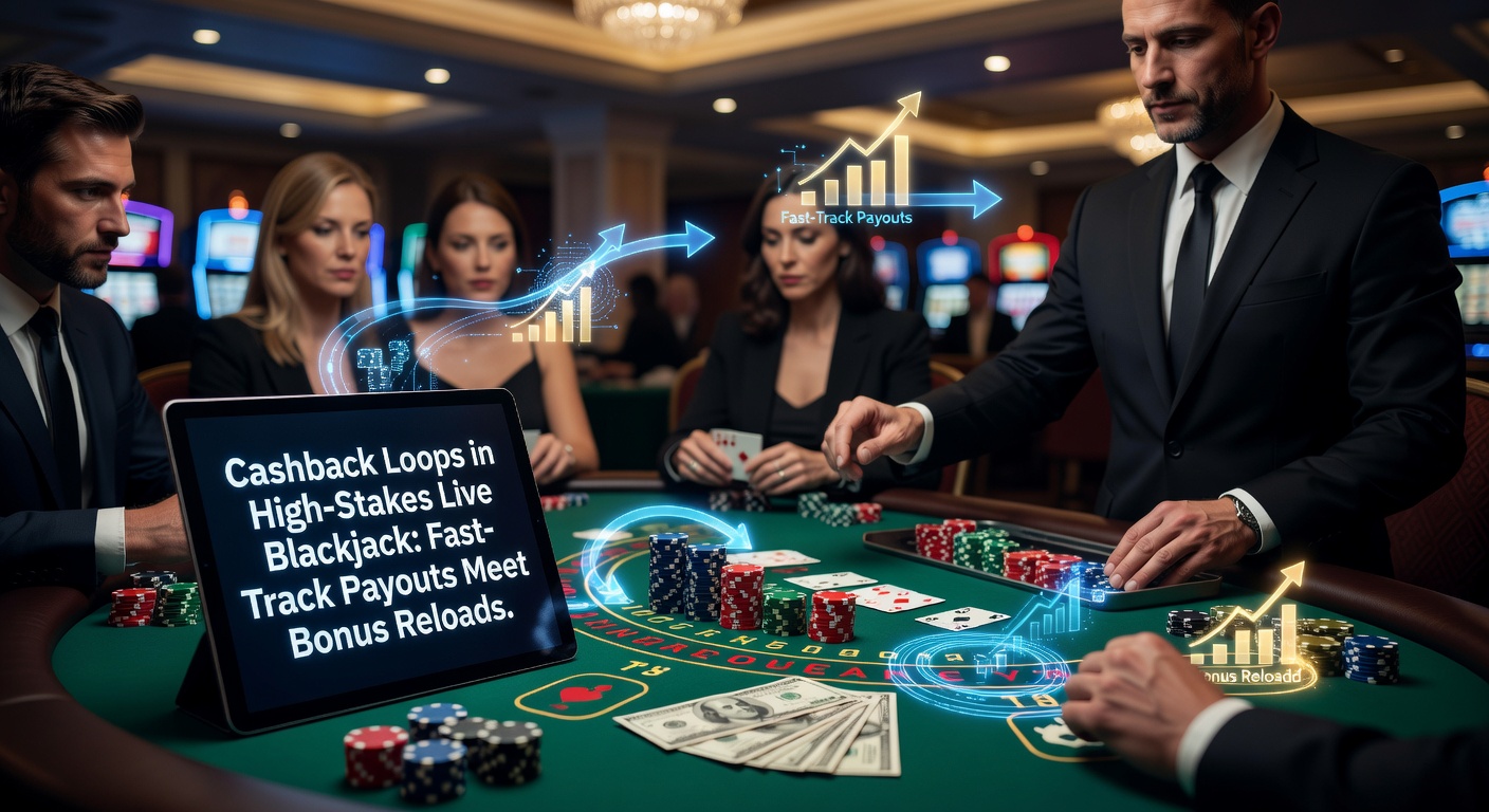 Live-Blackjack-Tisch mit High-Stakes-Spielern und digitalen Cashback-Anzeigen im Hintergrund, die Schleifen von Boni und Auszahlungen illustrieren