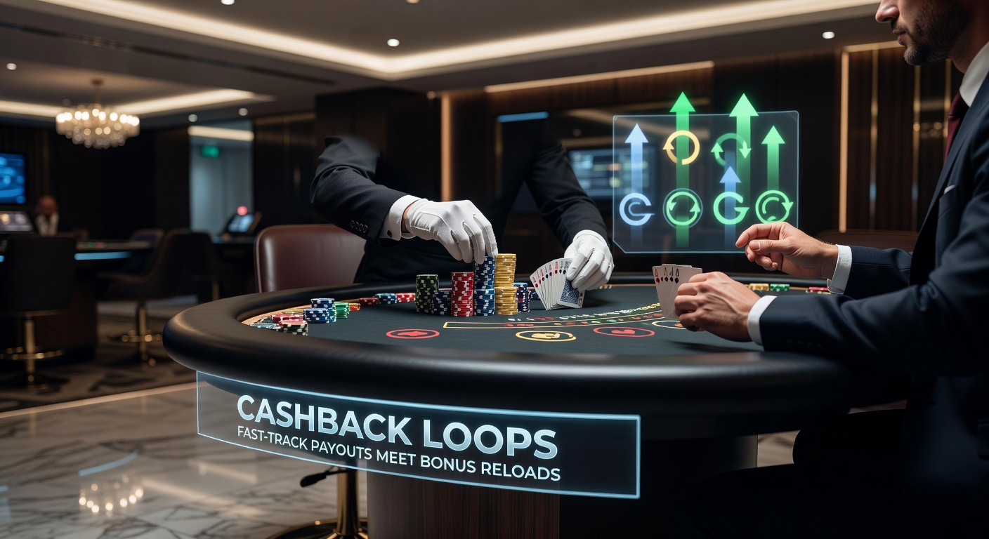 Grafik einer Cashback-Schleife mit Pfeilen, die schnelle Auszahlungen, Reload-Boni und Blackjack-Tische verbinden, inklusive Zahlen zu Prozentsätzen und Zeiten